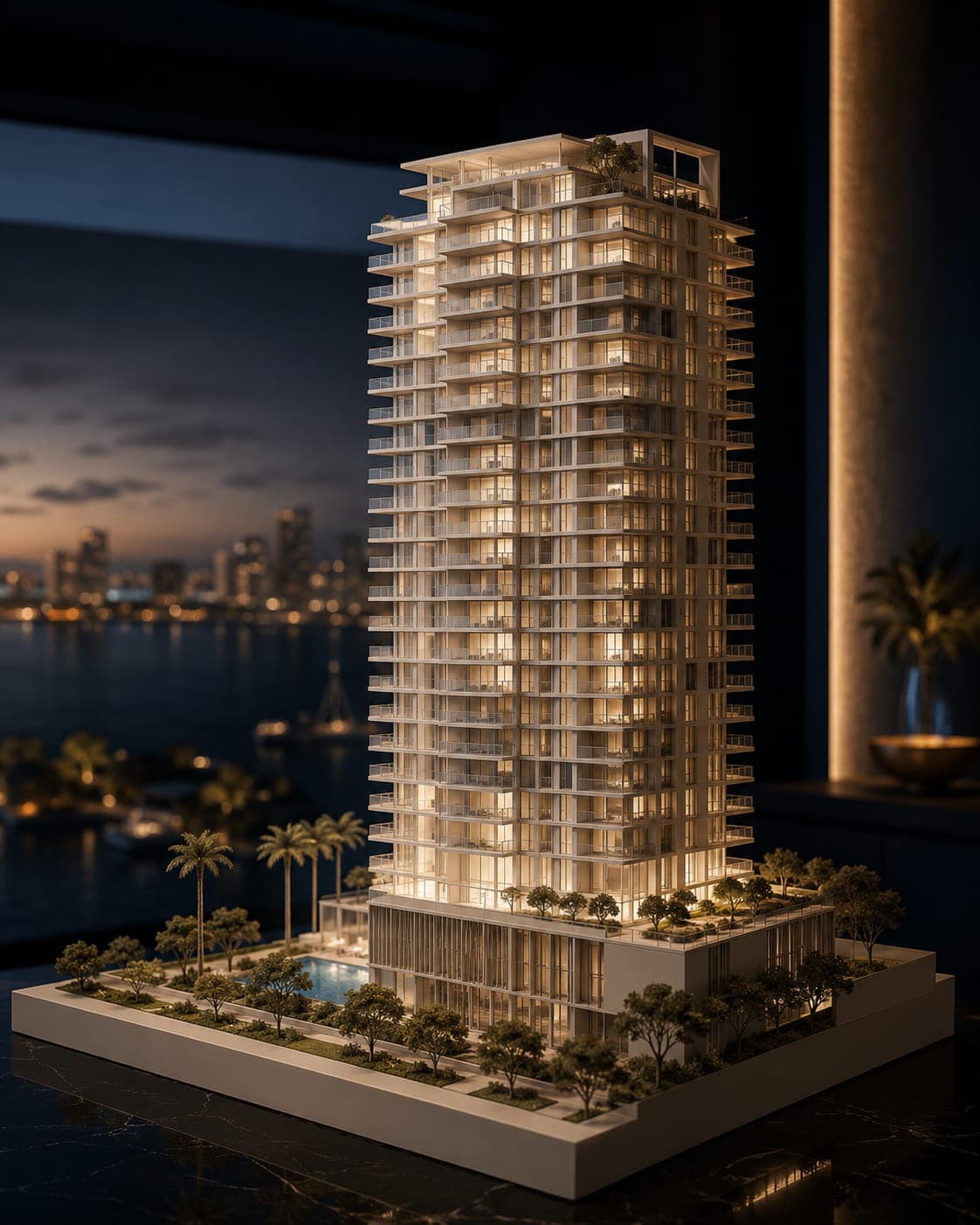 Maqueta conceptual de una torre residencial contemporánea